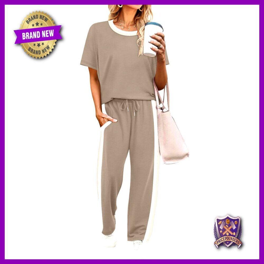 2 Piece Lounge Set Short Sleeve Top Wide Leg Pants with Pockets - Picture 1 of 7